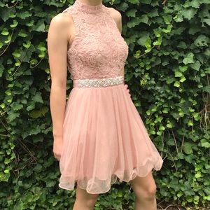 Camille La Vie Lace Glitter Homecoming Dress Pink